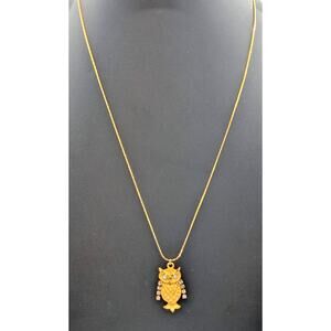 Vintage Gold Tone Articulated Rhinestone Arms Owl 23" Chain Necklace